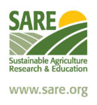 SARE logo with an icon of farm fields and a sun in green and yellow with website on the side