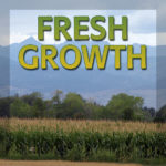 Fresh Growth podcast logo with a photo of fields and mountains in the back